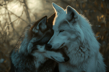 Obraz premium Tender moment between two wolves showing affection