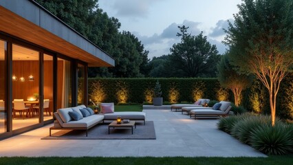 Obraz premium Serene Garden Terrace with Elegant Furnishings and Ambient Lighting