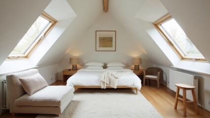 Cozy Chic Attic Retreat with Skylights and Minimalist Furnishings