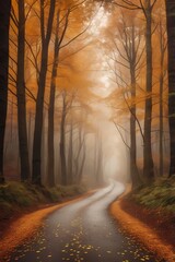 Naklejka premium Serene Autumn Forest Path with Mist and Fallen Leaves - Mystical and Tranquil Nature Scene, Perfect for Seasonal and Nature-Themed Projects and Backgrounds