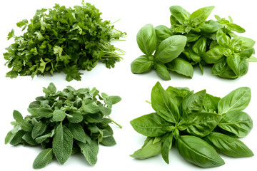 Obraz premium Fresh herbs arranged on a white background: parsley, cilantro, basil, and mint.