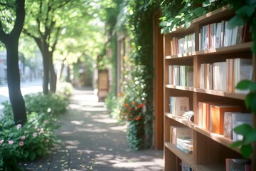 Obraz premium A charming vintage bookstore storefront, adorned with wooden shelves filled with colorful books, a welcoming door, and large windows showcasing the cozy interior, surrounded by blooming flowers 