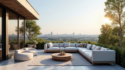 Fototapeta premium Chic Rooftop Patio with Panoramic City Views at Sunrise