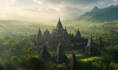 Ancient temple complex nestled in green hills.