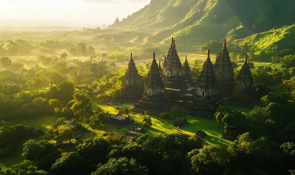 Ancient temple complex amidst lush greenery.