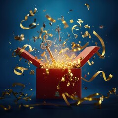 Naklejka premium Three keys emerge from a bursting red gift box