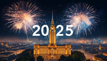 New year 2025 celebration concept with fireworks. Suitable for marketing or business purposes. Panoramic banner with place for text