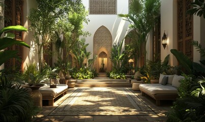 Fototapeta premium Luxury patio with lush greenery, ornate doors, and a patterned