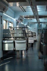 Naklejka premium Interior of a modern train with empty seats and bright blue lighting during a daytime commute