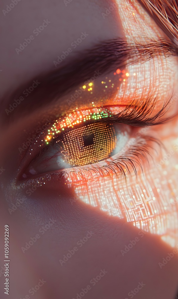 Poster close up of a glittering eye with digital pattern and sparkles