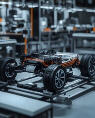 Fototapeta premium Electric Car Chassis Assembly Line Automotive Manufacturing Process