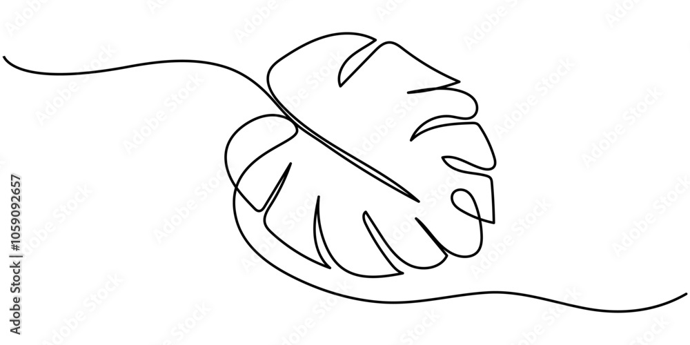 Poster continuous line drawing of a monstera isolated on white background, continuous one line drawing of m