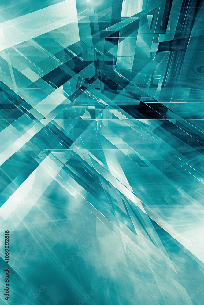 Poster vertical futuristic digital artwork with angular patterns against a dynamic cyan gradient background