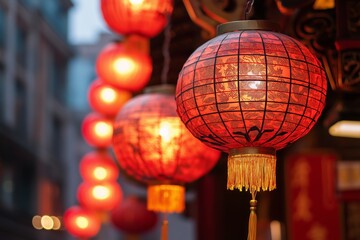 Fototapeta premium A row of illuminated red lanterns are beautifully hanging outdoors against a dimly-lit night background, evoking warmth.