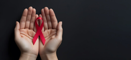 Fototapeta premium Hands holding red awareness and support ribbon isolated on dark background. World hiv aids day concept, 1 december, awareness banner with copy space