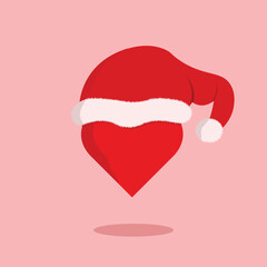 A simple illustration of a red heart wearing a Santa hat on a pink background