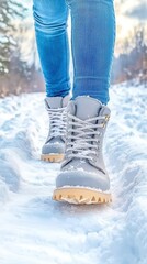 Closeup of snow crunching under boots, walking through a snowy trail, peaceful winter time