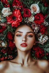 Fototapeta premium A serene woman posed with rich, colorful flowers around her, conveying beauty and calmness.
