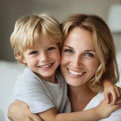A joyful mother and child embrace, glowing with happiness in a gentle, sunlit setting indoors.