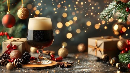 Festive glass of dark craft beer sitting on a rustic wooden bar countertop surrounded by holiday coasters pine branches cinnamon sticks