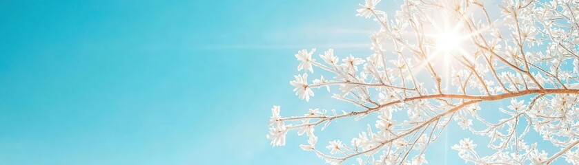 Frosty tree branches glittering under the winter sun, peaceful and serene