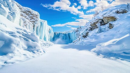 Obraz premium Frozen waterfall cascading down a mountainside, stunning winter landscape