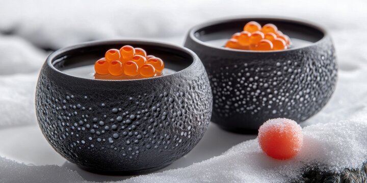 two small black bowls with orange candis in them