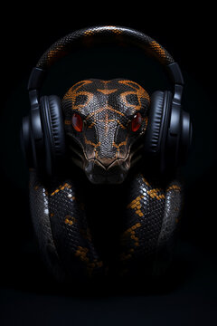 Snake with headphones. Snake listening to music
