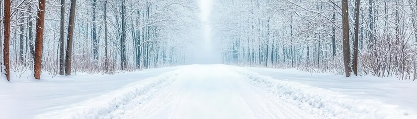 Fototapeta premium Snowy path leading through a dense forest, mysterious and serene winter scene