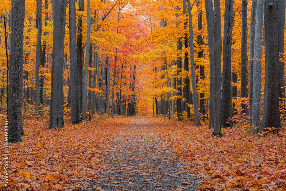 Poster a path through a forest with trees that are orange and yellow