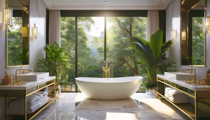 A luxurious bathroom with a freestanding marble bathtub, gold accents, and beauty garden