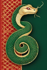 Obraz premium Chinese New Year of the Snake, green snake and gold pattern on green background