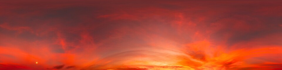 Fototapeta premium Sunset sky with bright glowing pink Cirrus clouds. Seamless spherical HDR 360 panorama. Full zenith or sky dome in 3D, sky replacement for aerial drone panoramas. Climate and weather change.