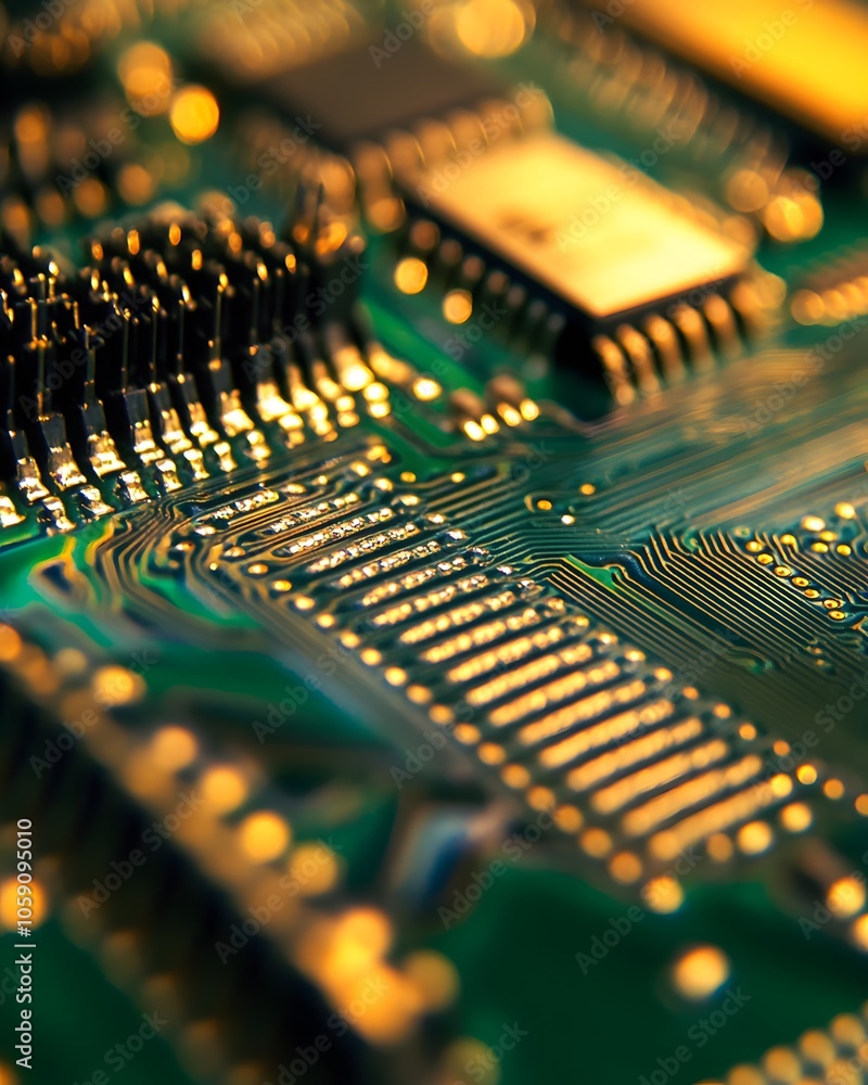 Poster close up of circuit board with golden traces and microchip