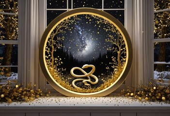 3d rendering of a golden podium with a gold ring on the background of the night forest and the moon