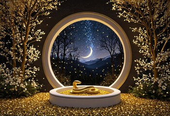 3d rendering of a golden podium with a gold ring on the background of the night forest and the moon