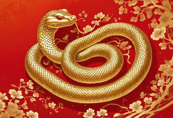 Golden snake on red background. Chinese New Year. 