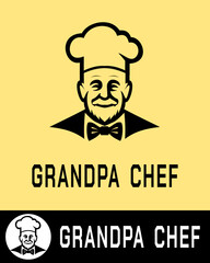 A charming grandpa chef logo design featuring a bearded elderly man in a chef hat and bowtie, perfect for culinary branding or restaurant identity projects