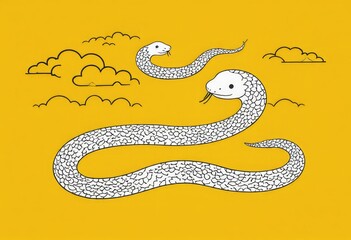 Cute snake on a yellow background with clouds. Vector illustration.