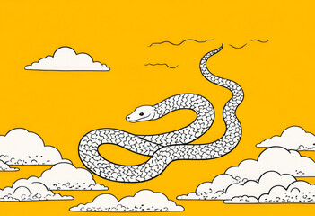 Cute snake on a yellow background with clouds. Vector illustration.