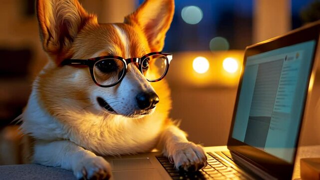 A corgi wearing glasses is focused on a laptop, possibly working late at night