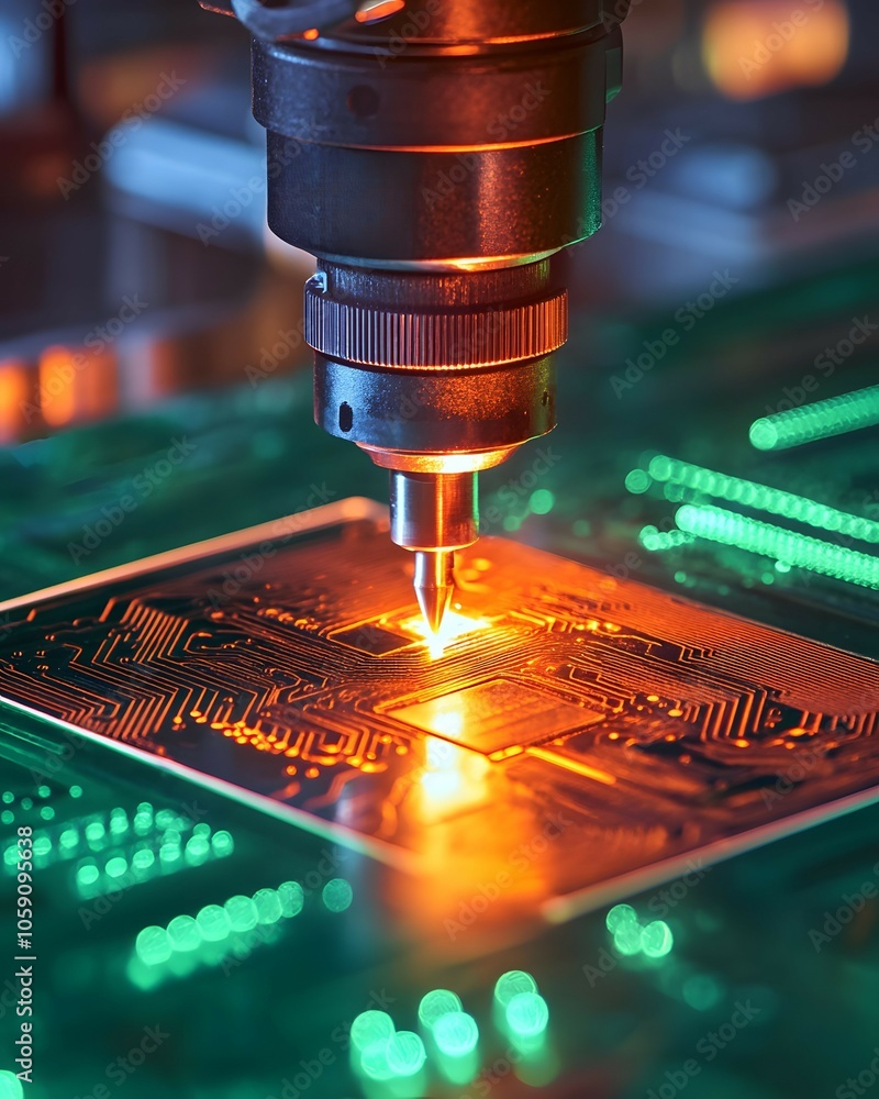 Poster closeup of automated circuit board assembly process with soldering iron