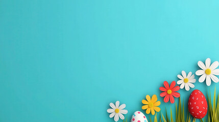 Obraz premium Easter Greetings: A vibrant and cheerful Easter backdrop with colorful eggs and delicate flowers, perfect for your spring designs. The image is set against a soothing turquoise background.