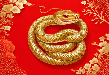 Golden snake on red background. Chinese New Year. 