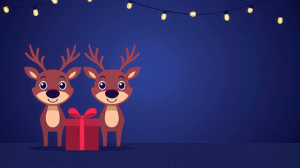 Fototapeta premium Christmas Reindeer with Gift: Festive cartoon reindeer duo stand proudly beside a large gift, under a string of warm fairy lights against a deep blue night sky. Perfect for holiday cards.