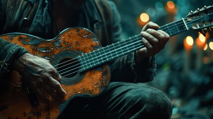 Obraz premium closeup hand musician playing acoustic guitar.concept for live music background,Music festival.Instrument on stage.low key tone