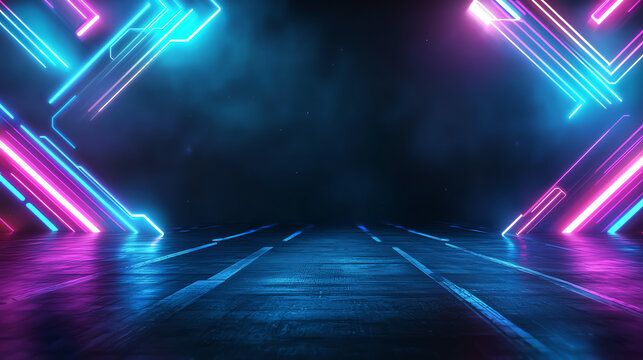 3D technology abstract neon light background, showcasing an empty space scene with vivid colored geometric shapes