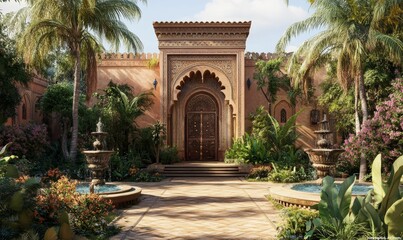 Fototapeta premium Ornate doorway, fountains, lush tropical garden.