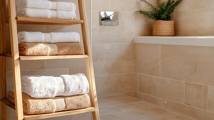 Bamboo ladder shelf in bathroom, natural stone tiles, earth-tone towels, sunlight, minimal decor, sustainable bathroom, refreshing ambiance, clean aesthetic