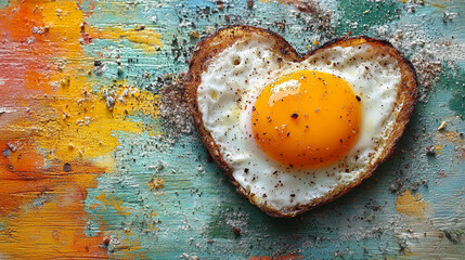 heart-shaped fried egg sits on a colorful backdrop, symbolizing love and warmth. This playful, cheerful image evokes feelings of joy, comfort, and a fresh start to the day